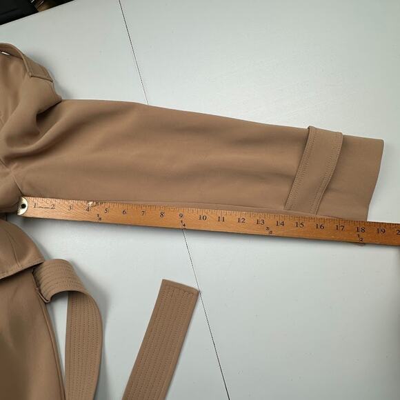 Theory Trench Coat Women Large Tan Overcoat Quiet Luxury Career Preppy Neutral - Picture 15 of 16